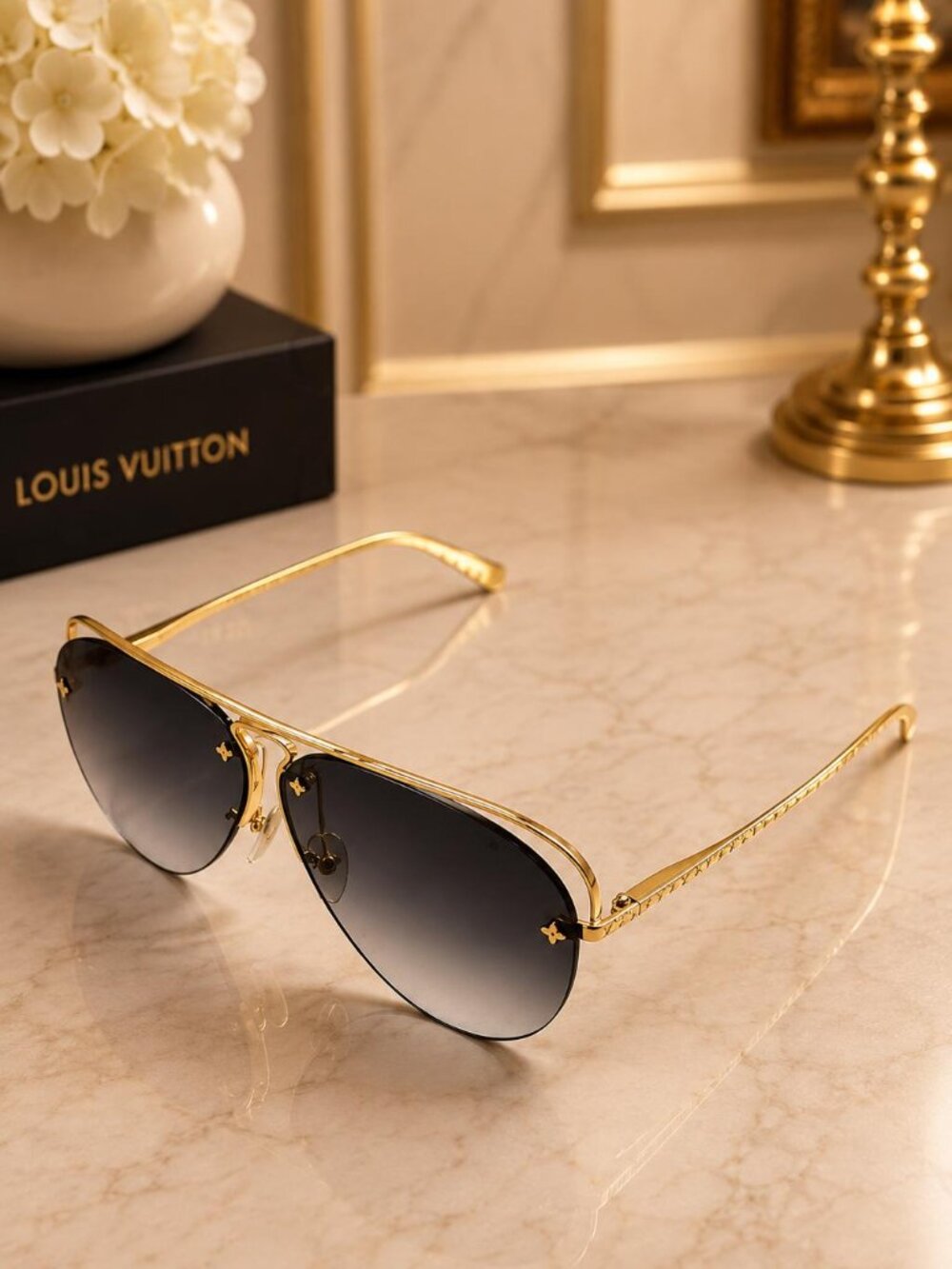 Authentic Louis Vuitton Attitude Pilot Sunglasses Gold Frame Gray Lenses